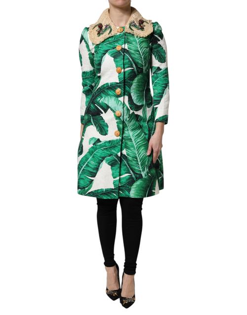 Leaf-Print Embellished Coat — Green