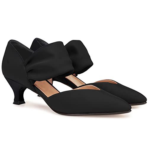 Coutgo Womens Low Kitten Heel Dress Shoes Pointed Toe Slip on Ankle Strap Cutout Elegant Party Wedding Pumps, Mesh Black