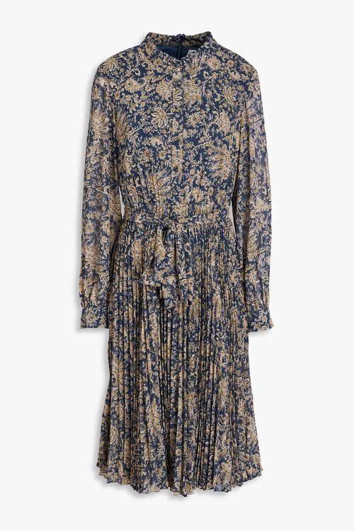 Pleated paisley-print georgette dress - Blue - US 14