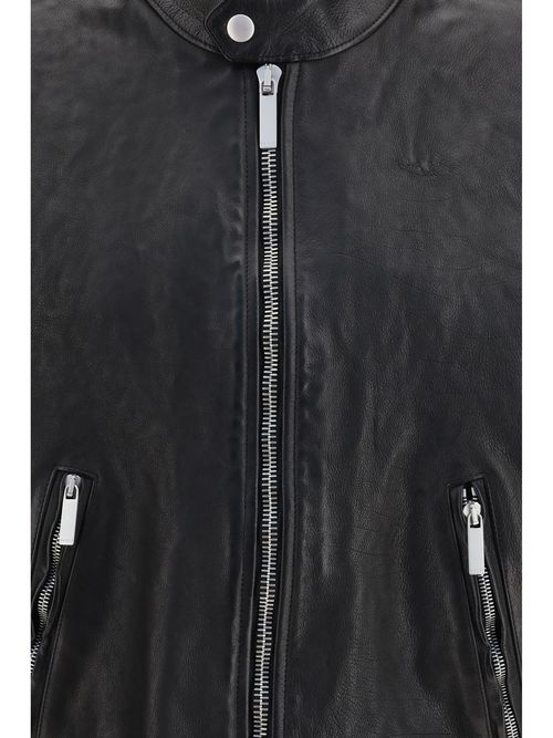 Web-Trimmed Buffalo Leather Bomber Jacket — Black