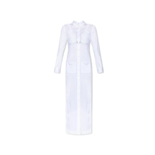 Long-Sleeved Button-Up Dress Openwork Inserts