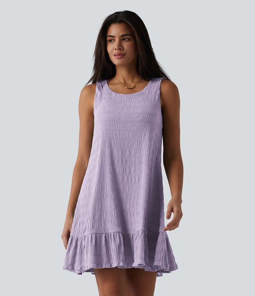 Round Neck Built-in Bra Sleeveless Ruffle Hem Mini Casual Dress Casual Dress - Orchid Petal