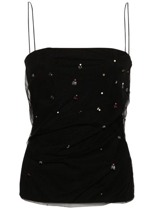 Bead-embellished tulle-overlay top - Black