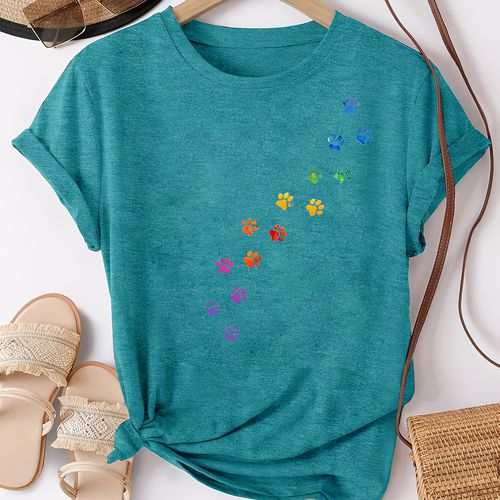 TEMU Women's Casual Crew Neck T-shirt With Colorful Paw , Medium Stretch Fabric, Vintage Loose Fit Short Sleeve Top For A