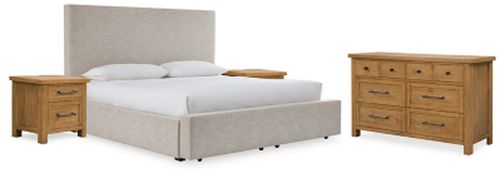 Kristiland California King Upholstered Storage Bed with Dresser and 2 Nightstands, Light Brown