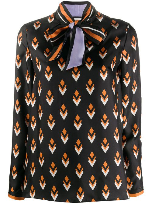 Pussy-bow diamond-print silk top - Black