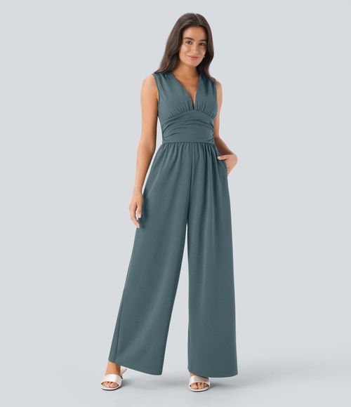 V Neck Sleeveless Ruched Pocket Jumpsuit-Easy Peezy  - North Atlantic