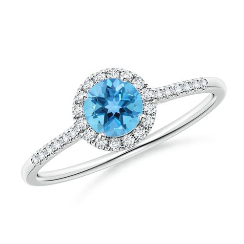 Angara 0.6 Carat Round Swiss Blue Topaz Halo Ring with Diamond Accents in Platinum