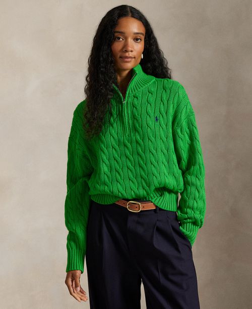 Women's Cable-Knit Cotton Quarter-Zip Sweater - Palm Green