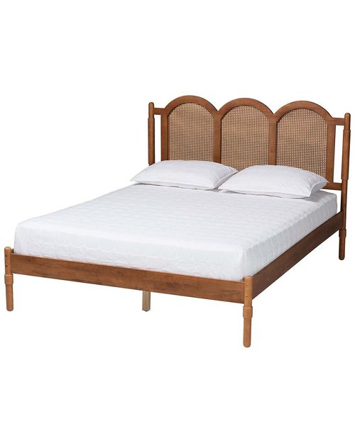Thatcher Mid-Century Modern Wood Queen Size Platform Bed With  Woven Rattan