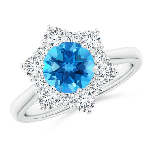 Angara 1.55 Carats Swiss Blue Topaz and Diamond Floral Halo Engagement Ring in Platinum