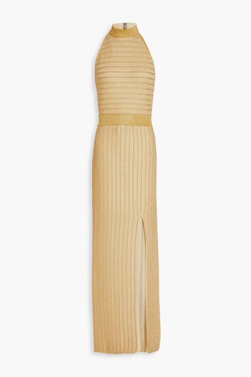 Metallic stretch-knit halterneck gown