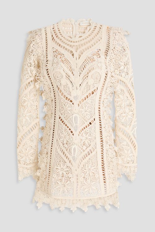 Crocheted cotton-blend mini dress - White - 1