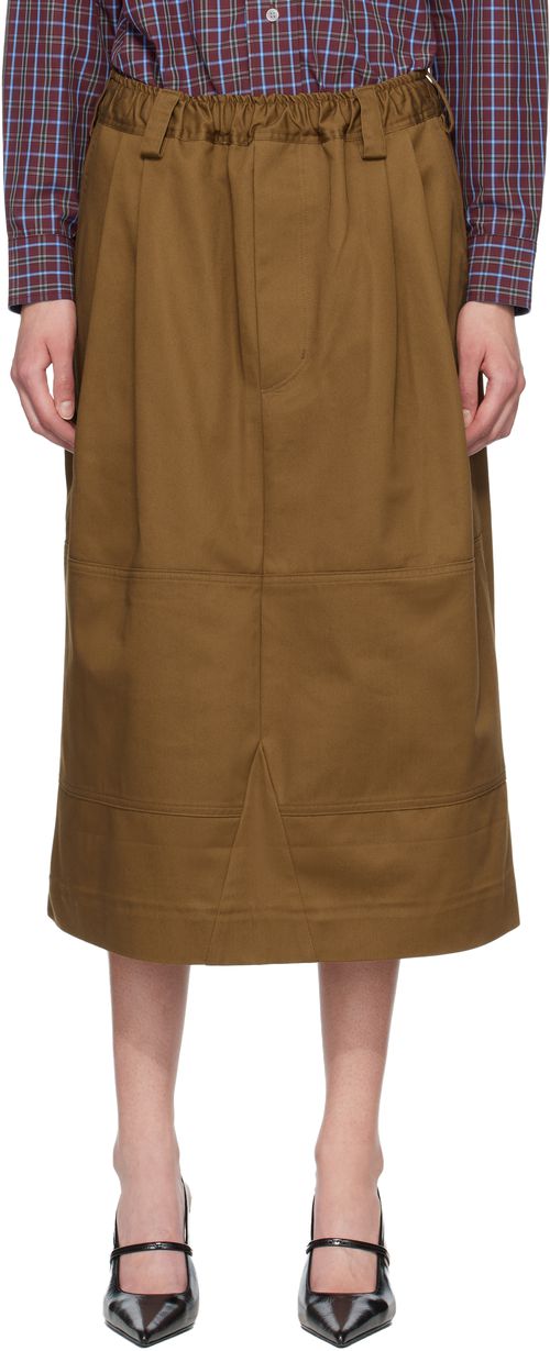 Brown Workwear Drawstring Denim Midi Skirt