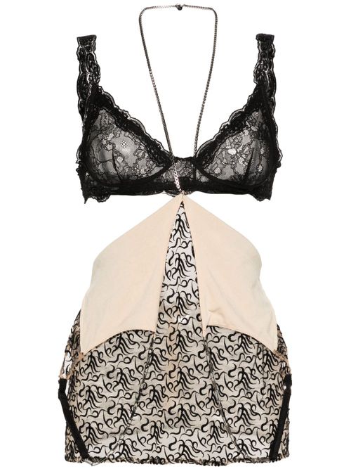 Logo-embroidered tulle top - Black