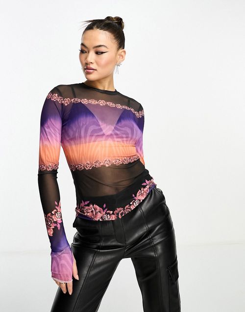 Kaylee long sleeve mesh top with floral and zebra print-Multi