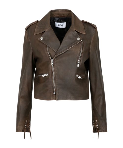 Lapel long-sleeved leather jacket