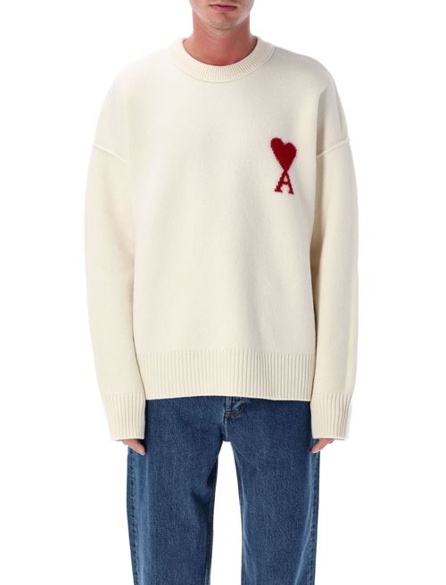 Ami of Coeur Wool Crewneck Sweater with Intarsia Chest Detail