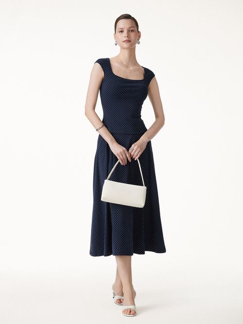 2Pcs Set Square Neck Bra Top&Midi Skirt with Pockets - Navy/White Polka Dot / XS