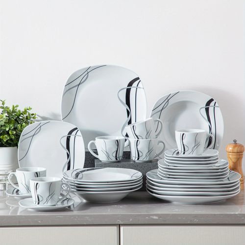TEMU 30-piece White Dishes Set With Black And Gray Stripes, Porcelain Dinnerware Sets, Including Dessert Plates, Soup Plates, Dinner Plates, Cup