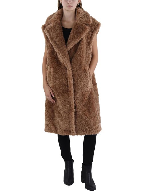 Womens Notch Collar Midi Faux Fur Coat
