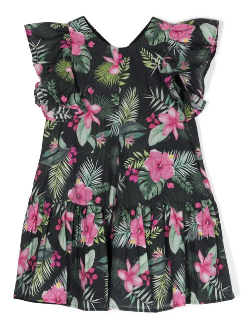 Floral-print flared dress - Black
