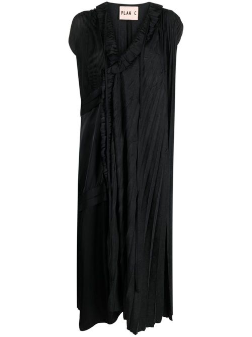 Plissé-effect asymmetric midi dress - Black