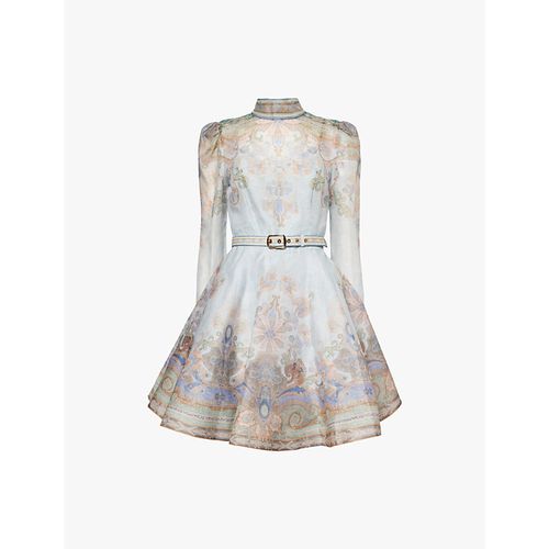 Womens Blue Paisley Eden Belted Flower-and-paisley-print Linen and Silk-blend Mini Dress 