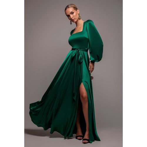 Goddiva Satin Square Neck Bishop Sleeve A Line Maxi Dress - Emerald Green