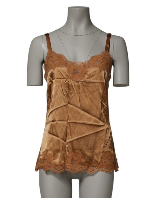 Lace-Trimmed Silk Satin Tank Top — Brown