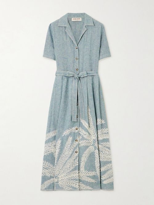 Claudia Palm Belted Embroidered Ramie And Linen-blend Midi Dress - Blue