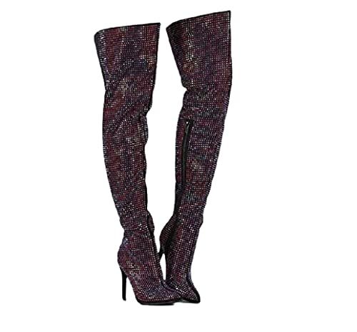Women's All Over Diamond Rhinestone Stripe Front Slouchy Thigh High Stiletto Boots Red