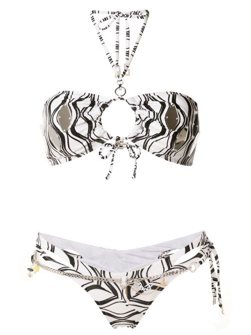 Wave-print chain-detail bikini set - White