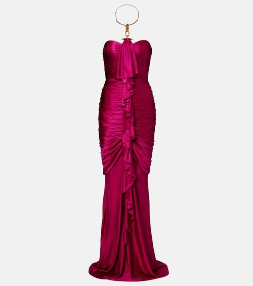 Draped ruffled satin bustier gown