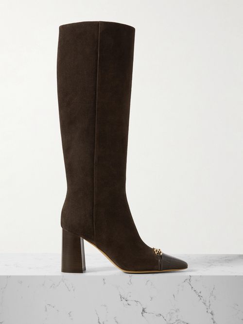 Sibilla Embellished Croc-effect Leather-trimmed Suede Knee Boots - Brown