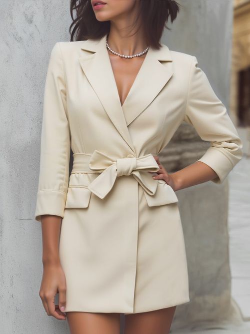 Tailored Blazer-Inspired Mini Dress With Belted Waist - Cream