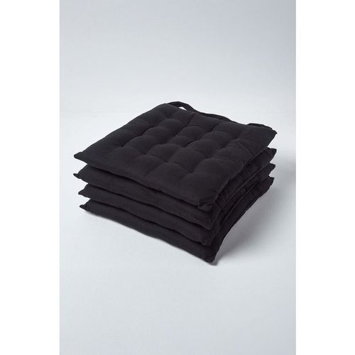 Set of 4 Plain Cotton Seat Pad with Button Straps, 40 x 40cm, Washable