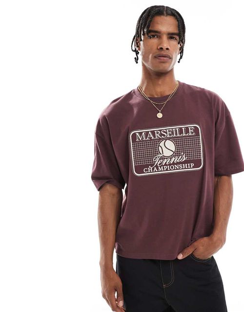 Heavyweight 240gsm boxy oversized t-shirt with tennis embroidery in burgundy-Red