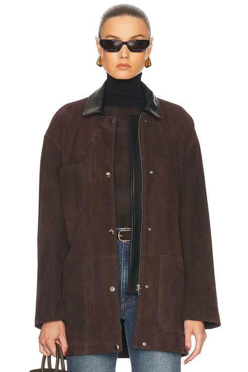 NOUR HAMMOUR Barn Jacket in Mocha Suede & Black - Brown.  40 also in 34