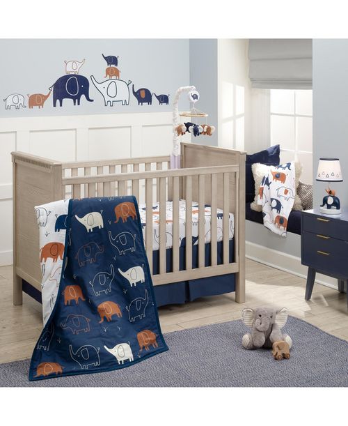 Playful Elephant Blue/White Cotton 3-Piece Baby Crib Bedding Set - Blue