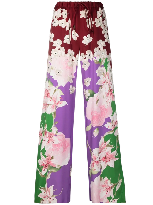 Floral-Print Stretch-Silk Trousers — Red