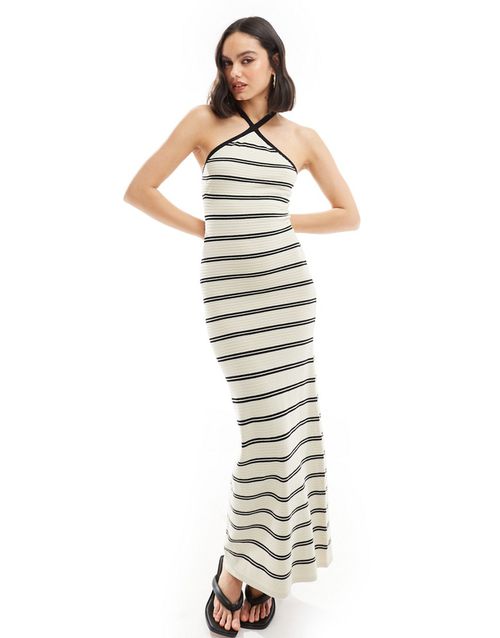 Halterneck knit midaxi dress in cream stripe-White