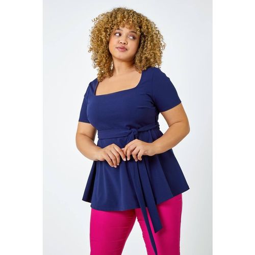 Roman Women's Curve Stretch Belted Peplum Top in Navy
