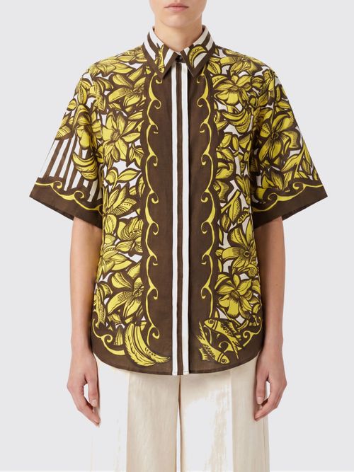 Floral Print Short-Sleeve Hemp Shirt with Logo