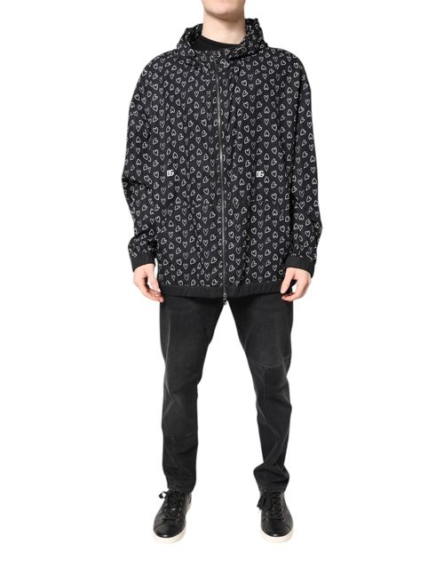 Heart Print Hooded Windbreaker Jacket — Black
