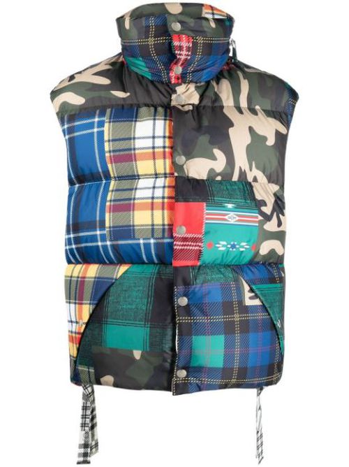 Patchwork-print padded gilet
