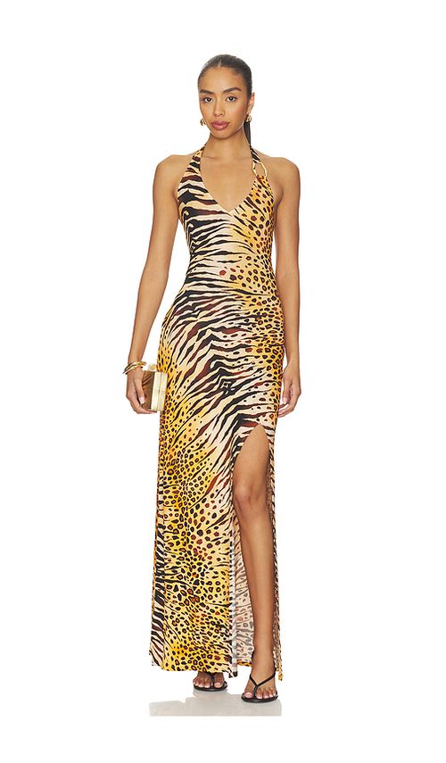 Luli Fama Tigressa Ring Halter Long Dress in Orange,Black. M. Also in