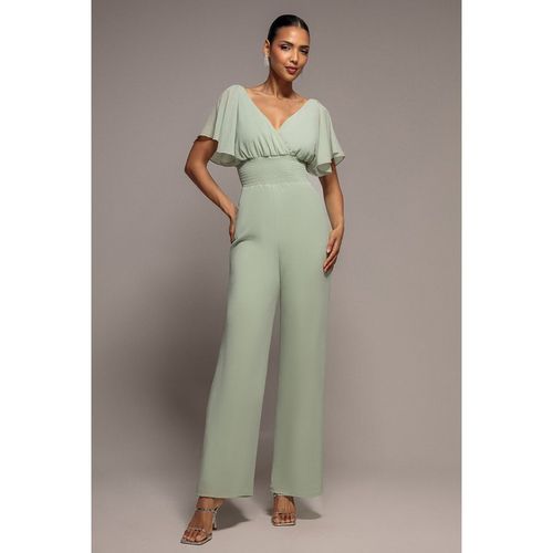 Goddiva Chiffon Jumpsuit With Flutter Sleeves - Sage Green