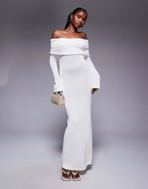 Textured boucle knit bardot foldover maxi dress in cream-Blue