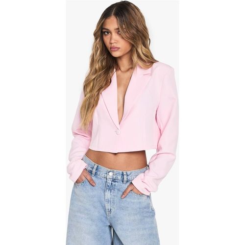 Boohoo Women's Basic Woven Relaxed Fit Crop Blazer in Baby Pink